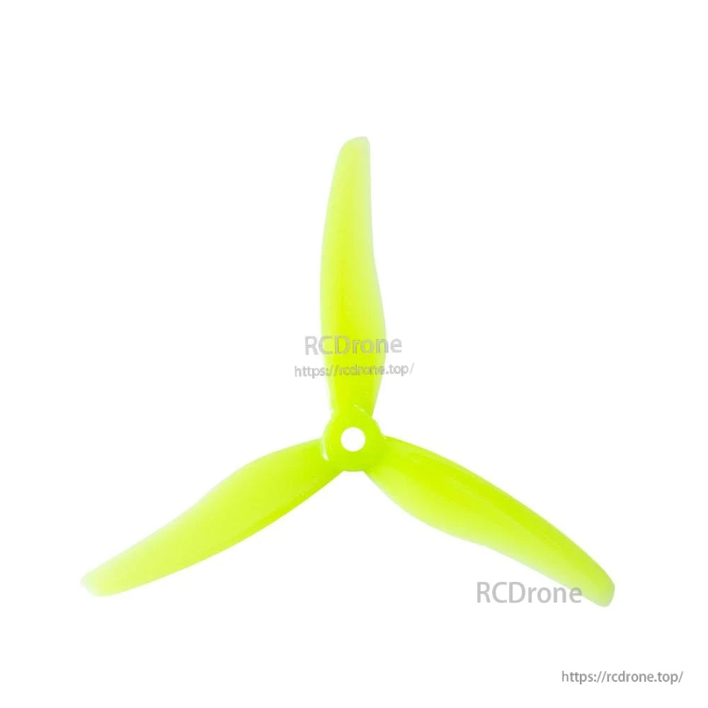 Neon yellow 3-blade FPV propeller, front view showing 5mm center hub