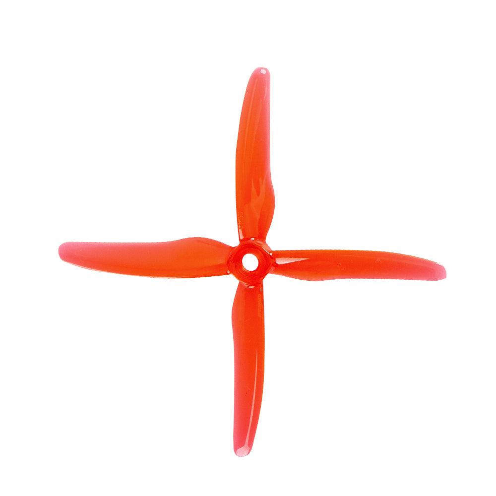 Red 4-blade drone propeller with 5mm center hub, top view