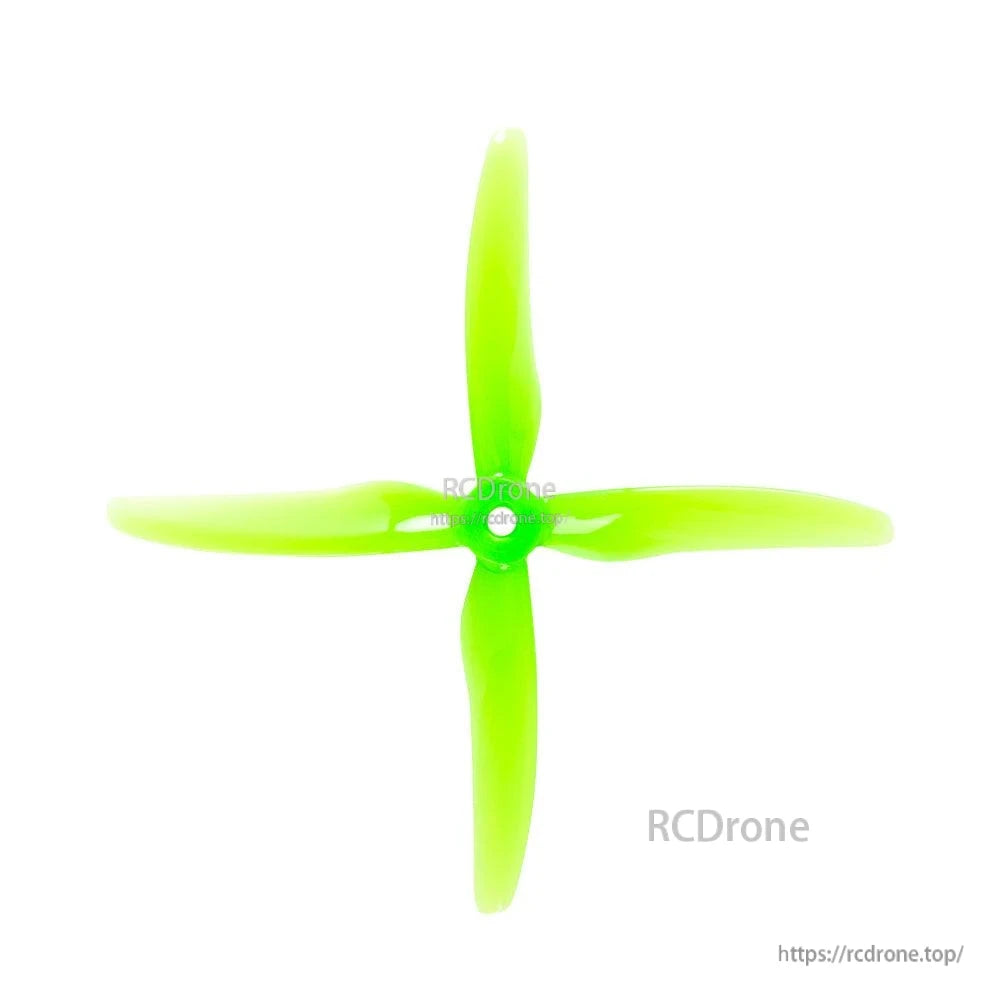 Neon green 4-blade propeller, top view showing blade profile and mounting hole