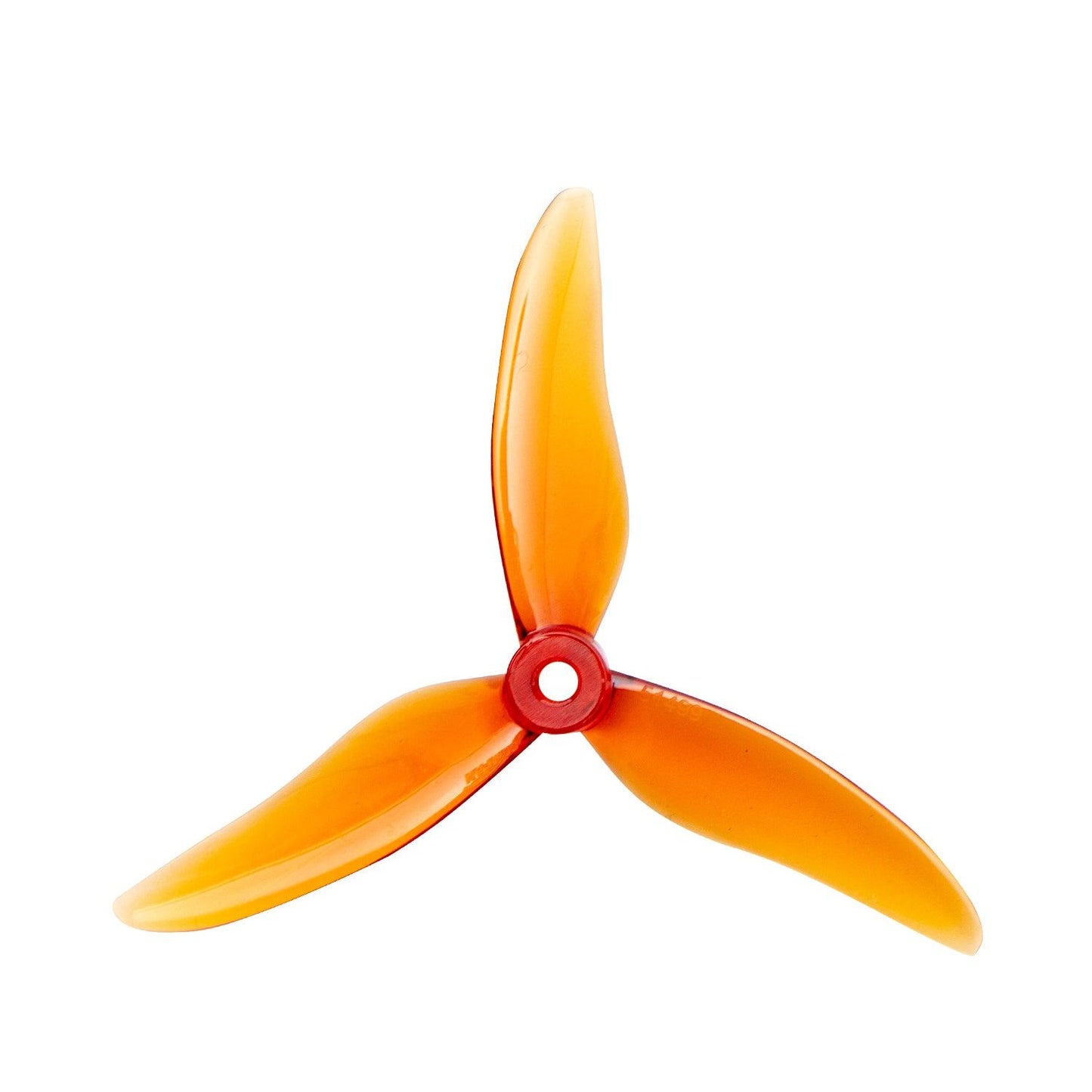 Gemfan Hurricane 51499-3 PC 3-blade propeller in translucent amber with red hub, top view