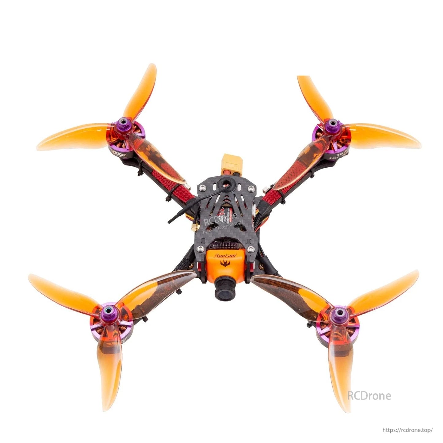 FPV quadcopter with four translucent orange 3-blade propellers installed, top-down view