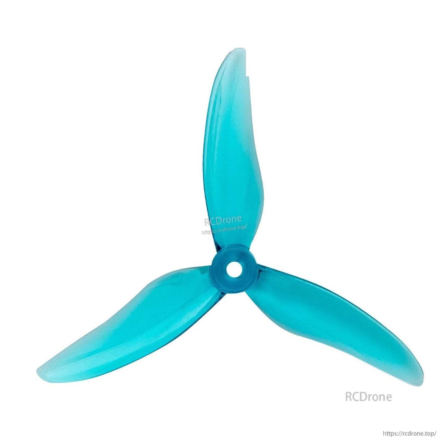 Translucent teal 3-blade propeller with center mounting hole, top view