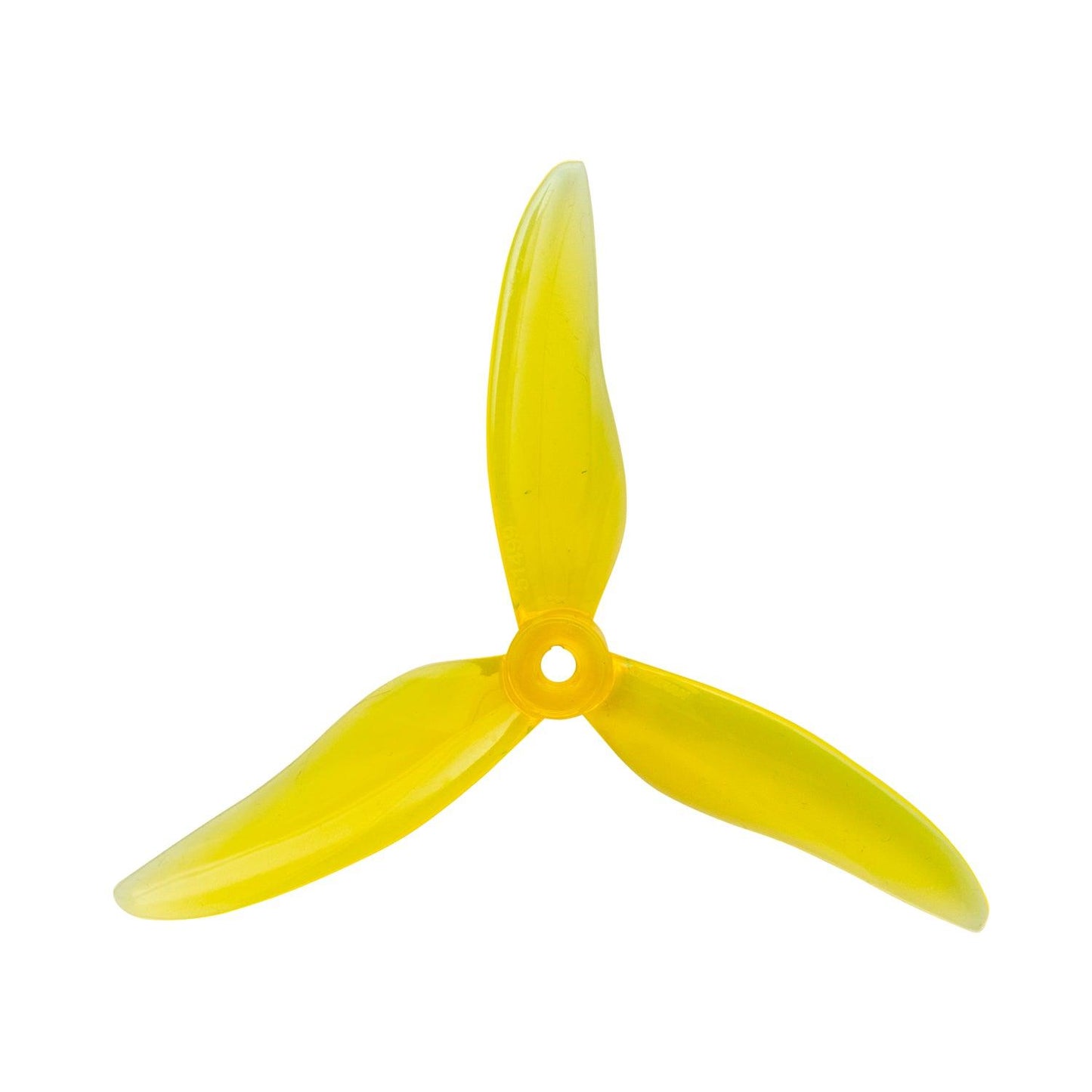 Translucent yellow 3-blade drone propeller with center mounting hole, top view