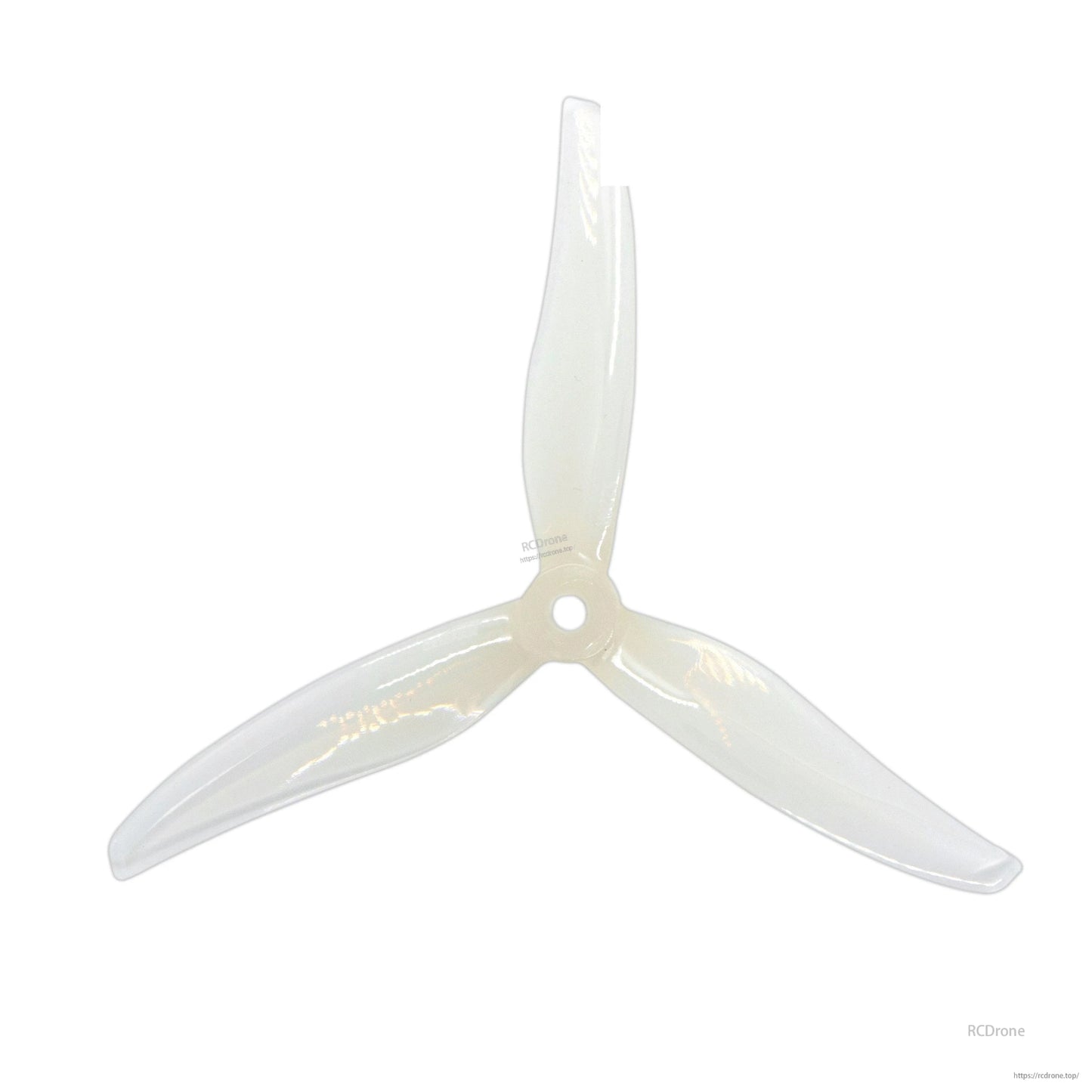 Three-blade propeller in translucent clear/white finish, top view with glossy blades and hub