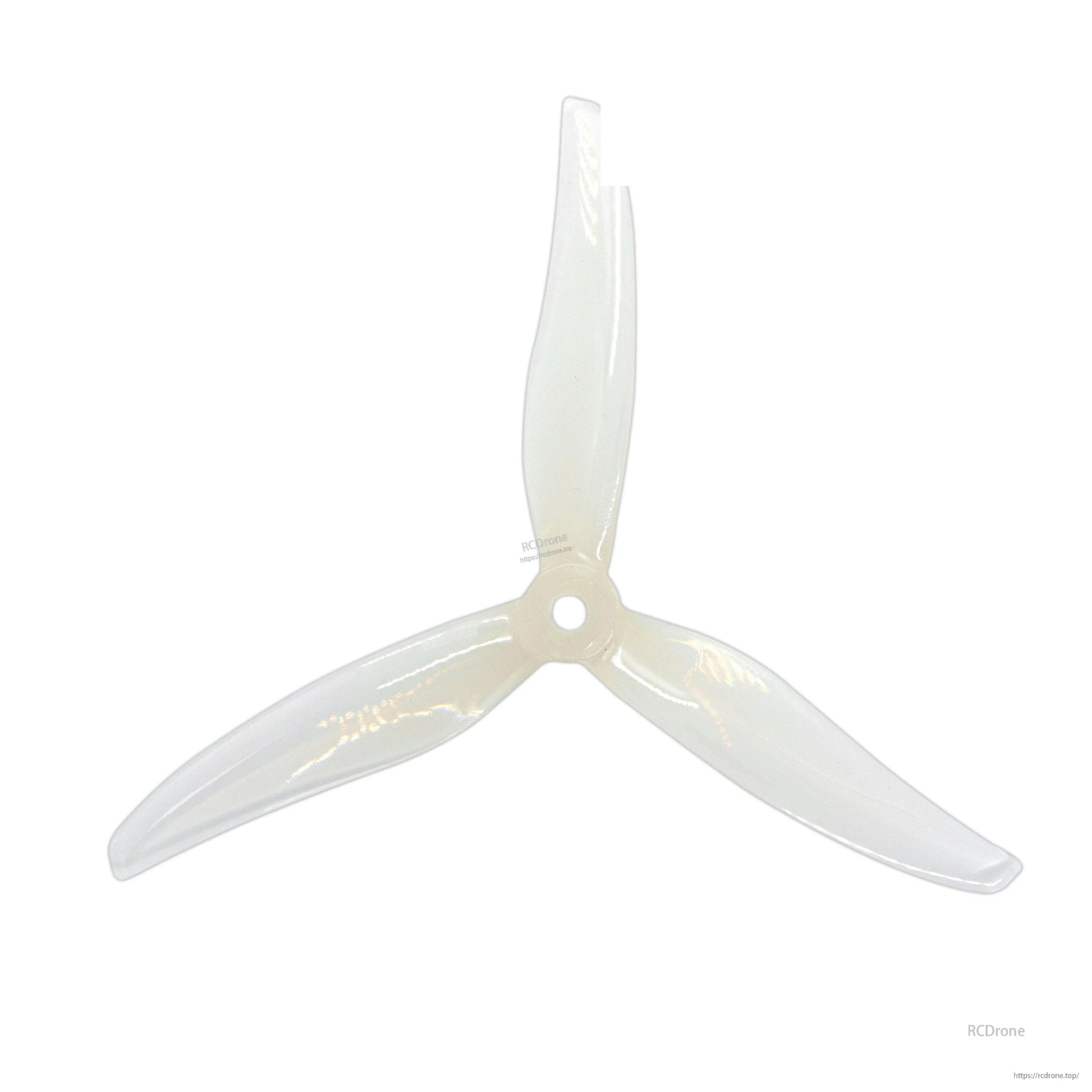 Three-blade propeller in translucent clear/white finish, top view with glossy blades and hub