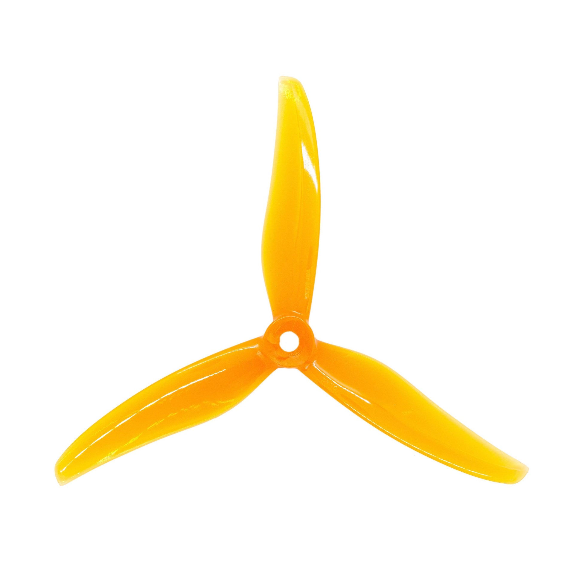 Three-blade drone propeller in translucent orange, centered hub and blade shape shown