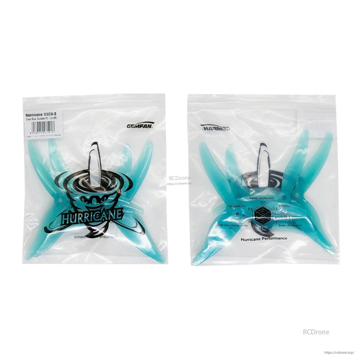 Gemfan Hurricane 5536-3 propeller packaging, front and back bags shown with label and graphic