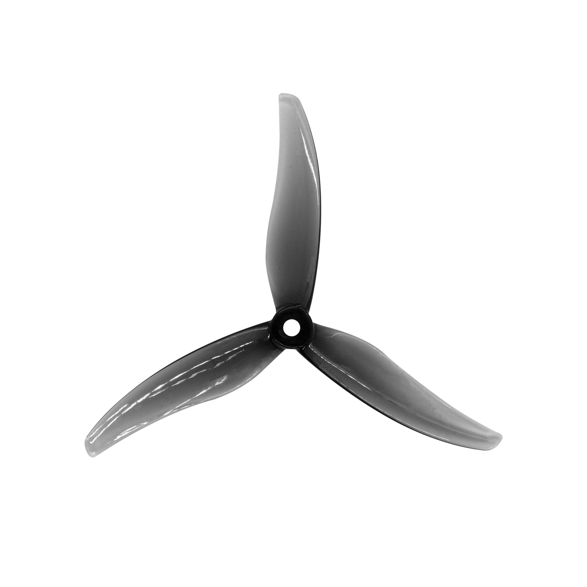 Smoke gray 3-blade drone propeller close-up showing blade shape and center hub mounting hole