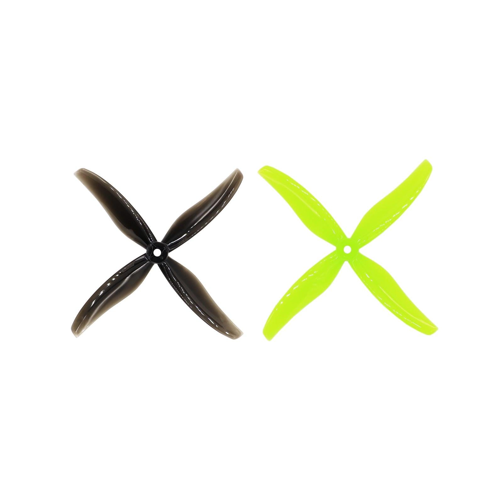 Gemfan Hurricane 6038-4 6in 4-blade propeller set shown in midnight gray and neon yellow, center mount hole