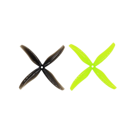 Gemfan Hurricane 6038-4 6in 4-blade propeller set shown in midnight gray and neon yellow, center mount hole