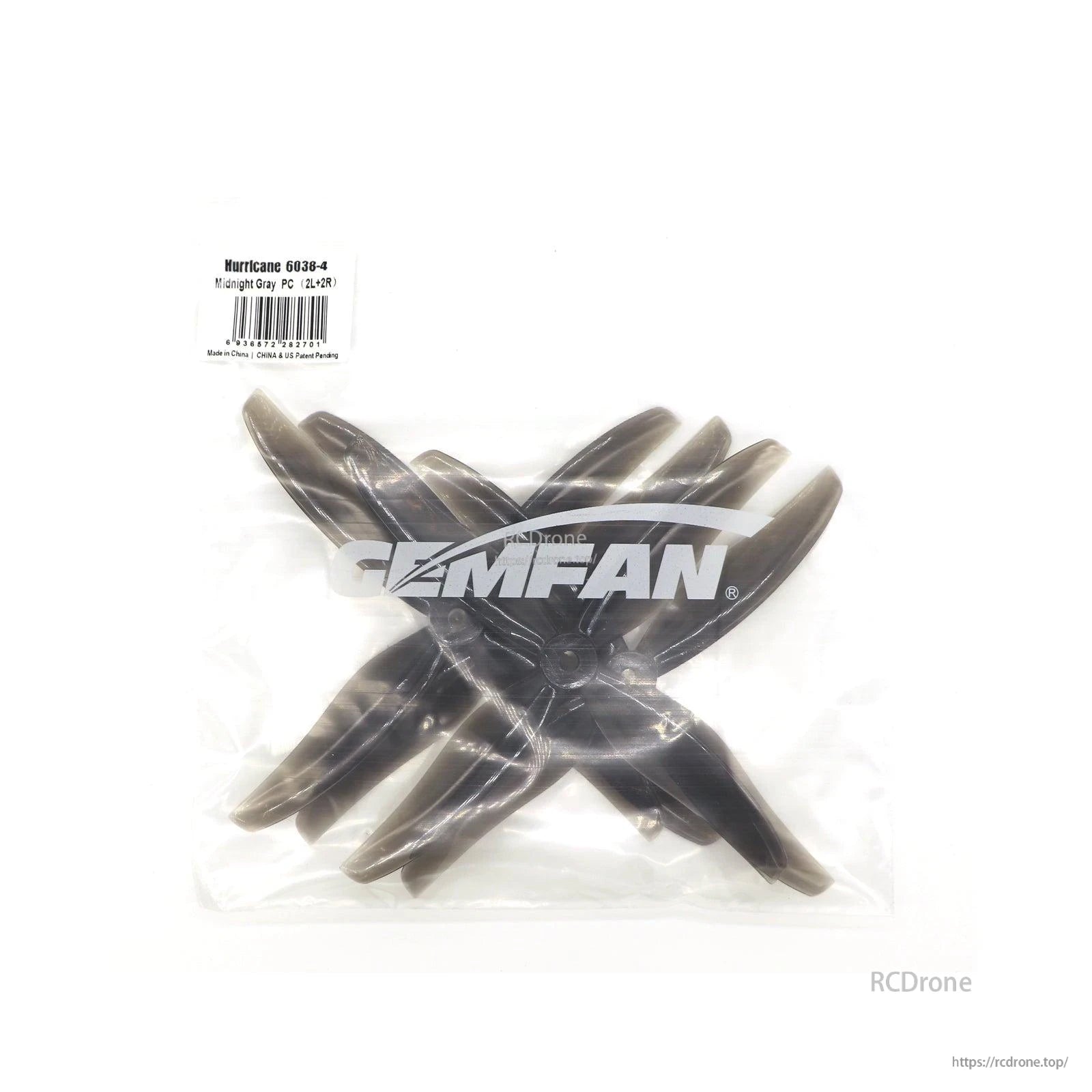 Gemfan Hurricane 6038-4 propellers in bag, label reads Midnight Gray PC (2L+2R) with barcode