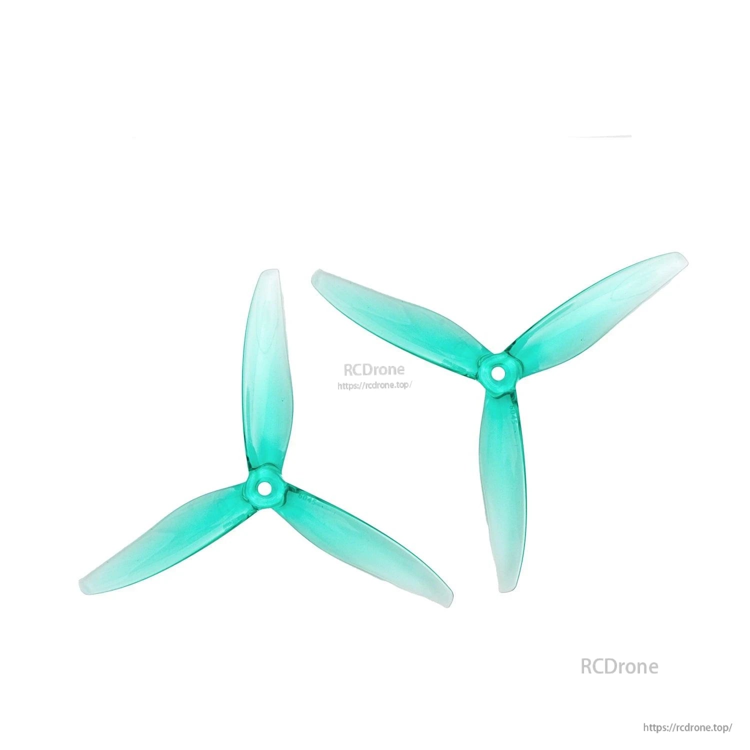 Two translucent teal 6x4.5 tri-blade propellers with center mounting hole, left and right rotation views