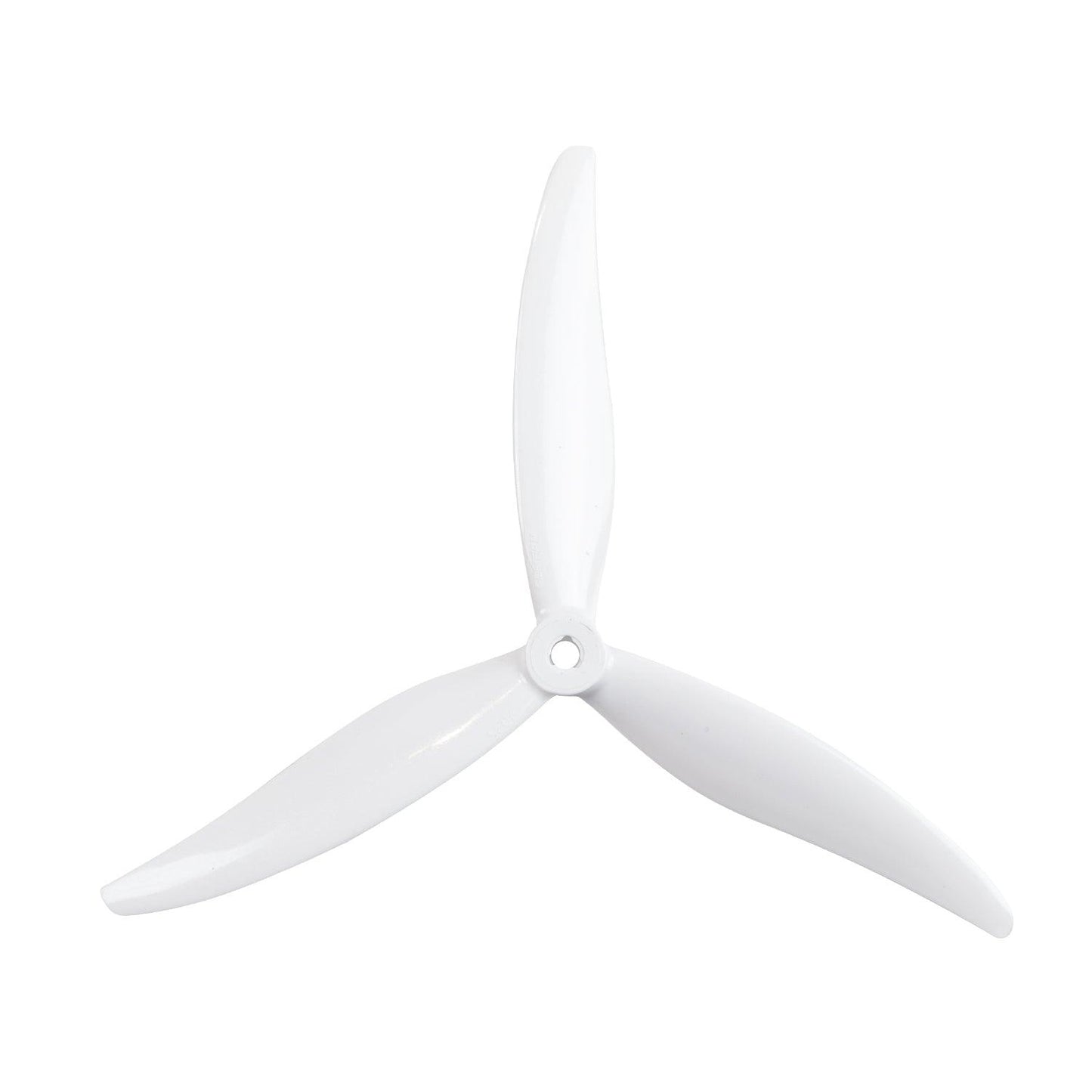 White 3-blade FPV drone propeller with center mounting hole, tri-blade top view