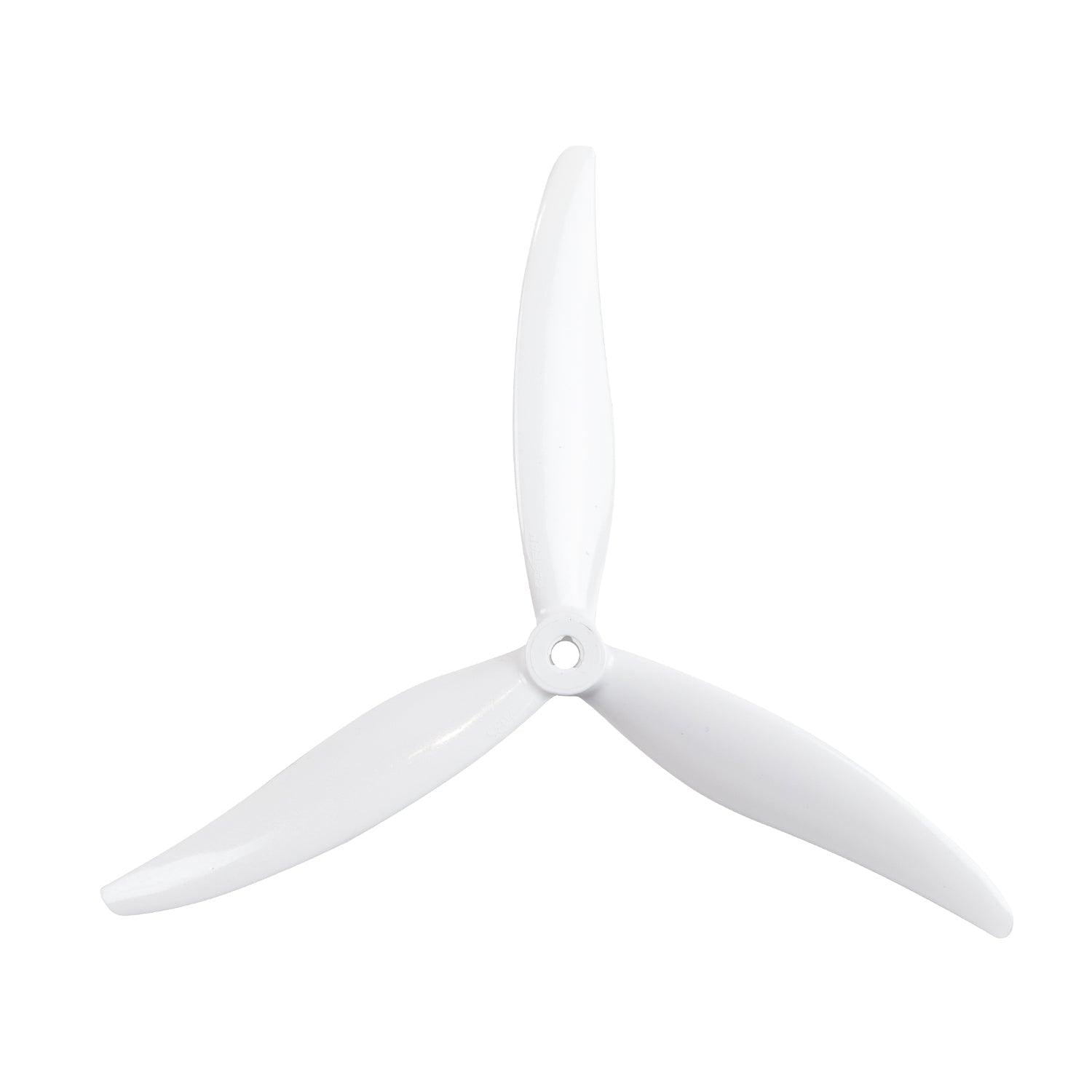 White 3-blade FPV drone propeller with center mounting hole, tri-blade top view