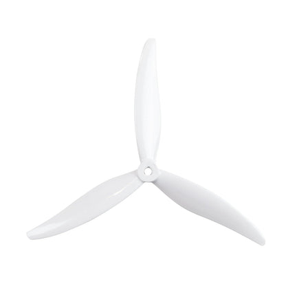 White 3-blade FPV drone propeller with center mounting hole, tri-blade top view