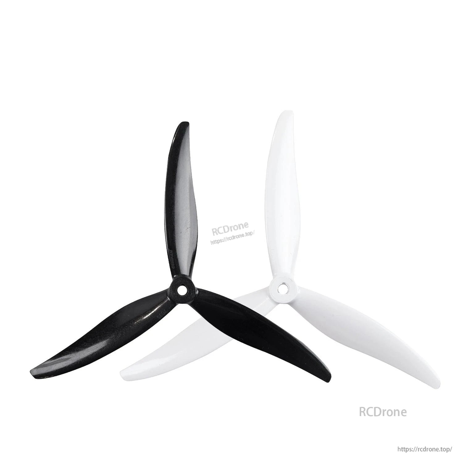 Gemfan Hurricane 7035-3 tri-blade propellers shown in black and white for color comparison