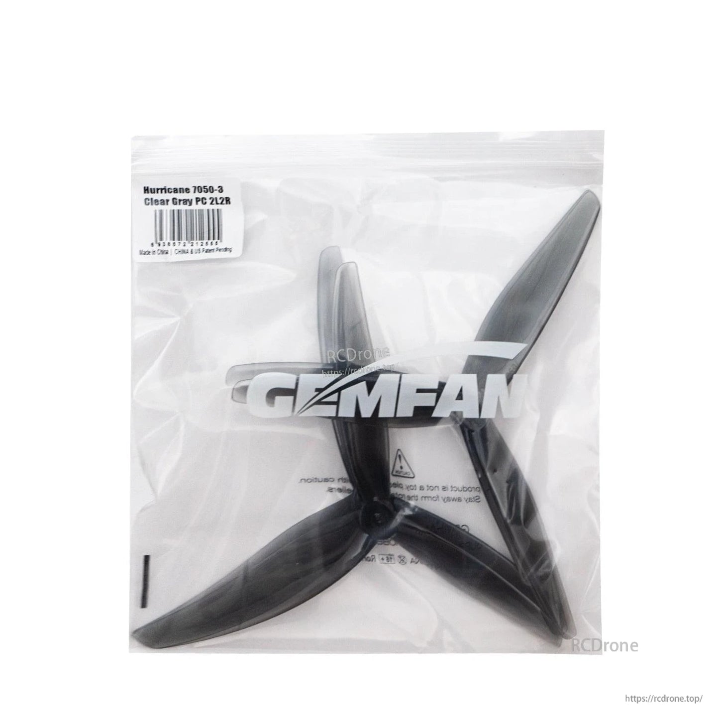 Gemfan Hurricane 7050-3 PC 7in 3-blade propellers in sealed bag, label reads Clear Gray PC 2L2R