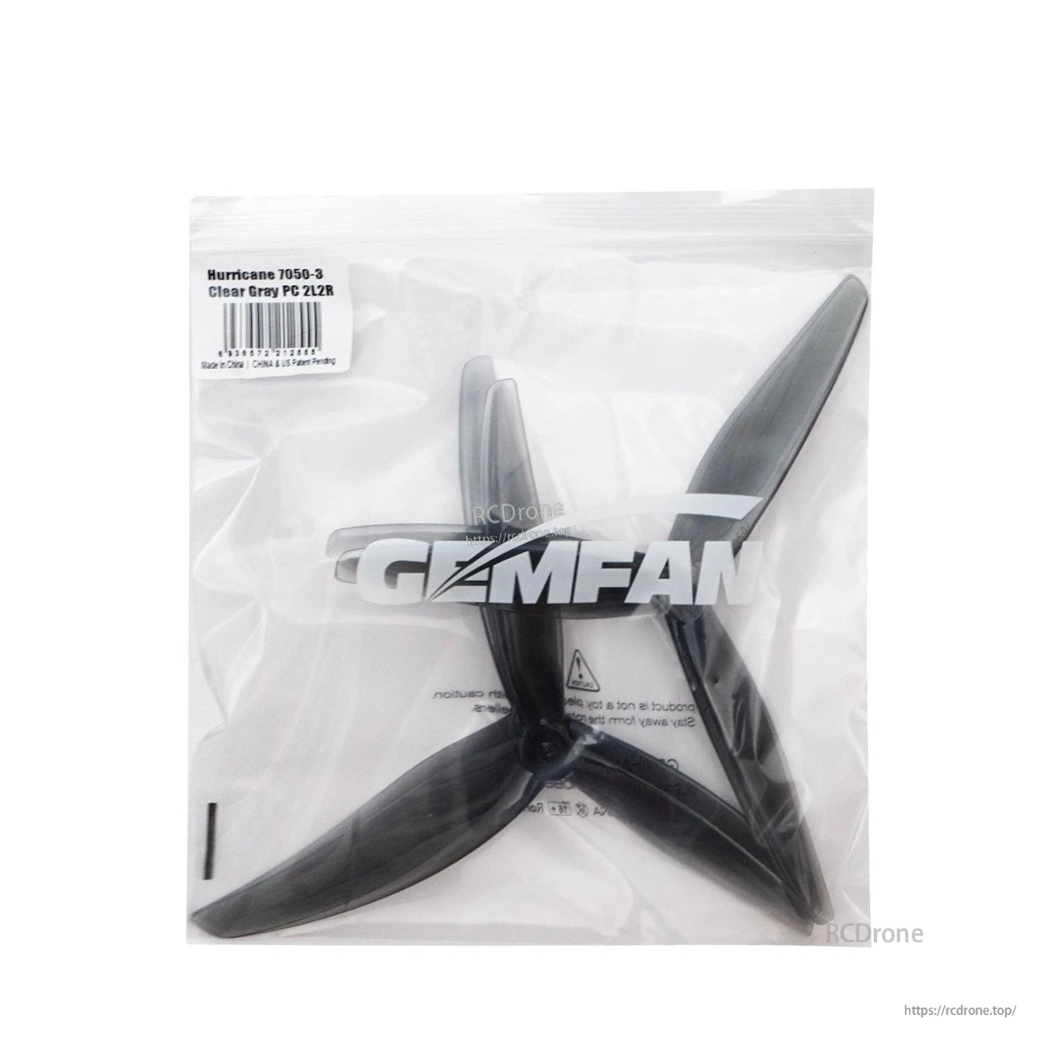Gemfan Hurricane 7050-3 PC 7in 3-blade propellers in sealed bag, label reads Clear Gray PC 2L2R