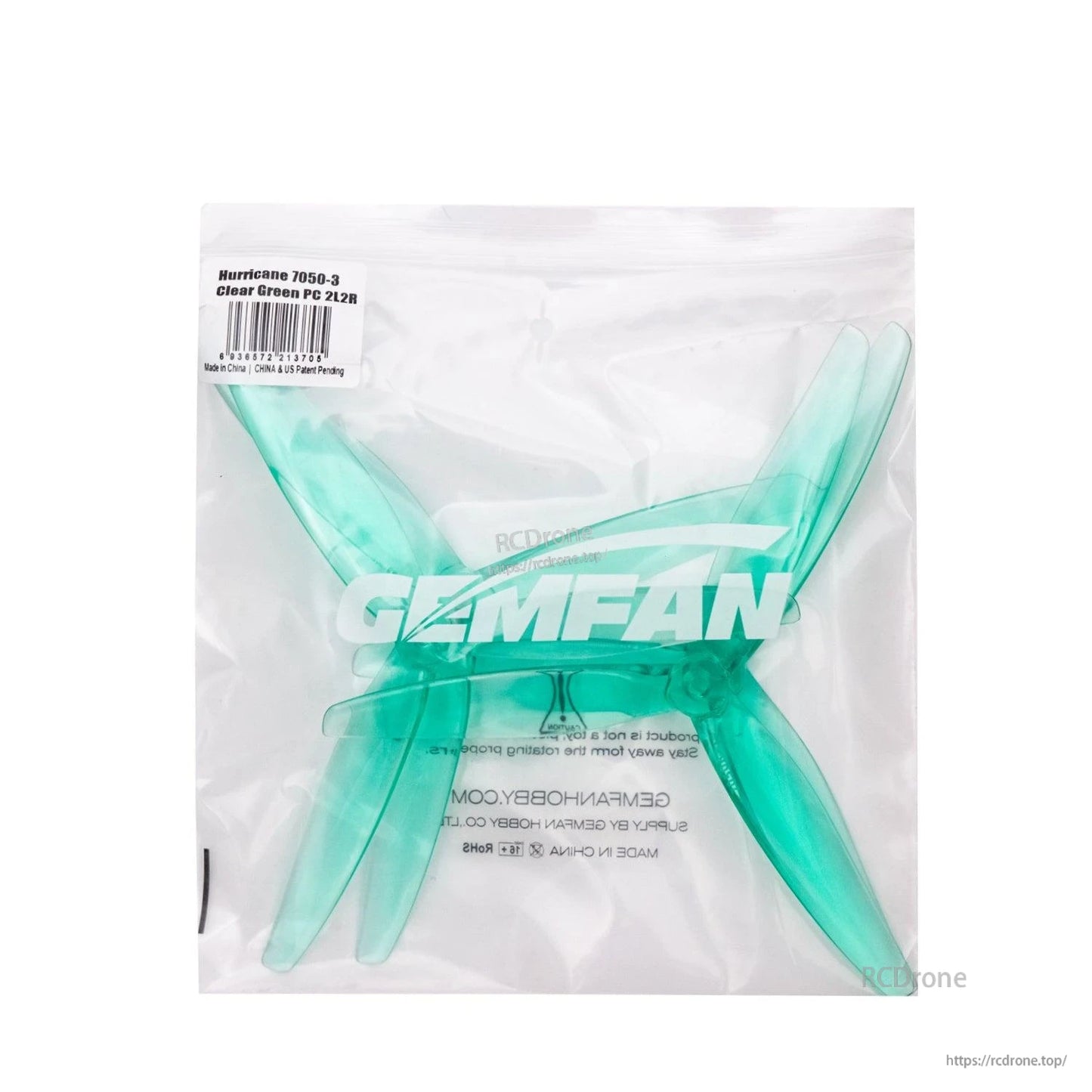 Sealed Gemfan prop bag with label Hurricane 7050-3 Clear Green PC 2L2R and barcode