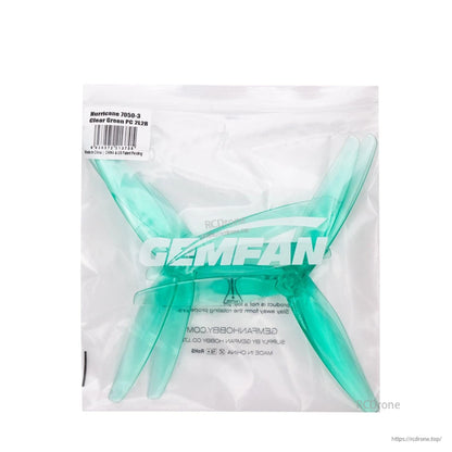 Sealed Gemfan prop bag with label Hurricane 7050-3 Clear Green PC 2L2R and barcode