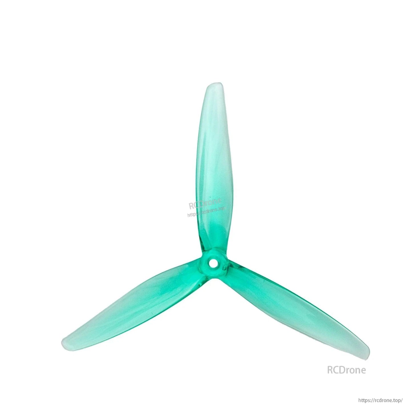 Single clear green 3-blade propeller with center mounting hole, front view on white background
