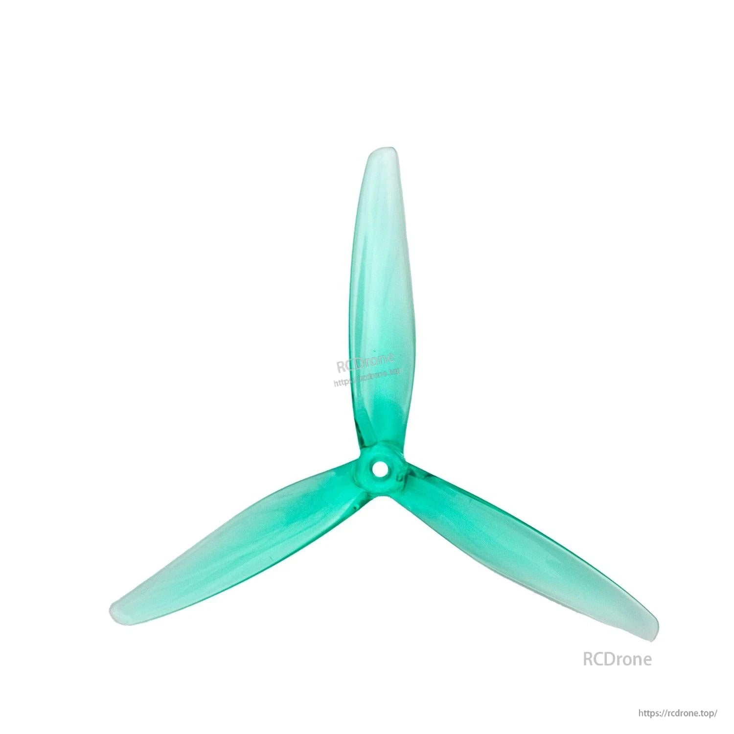 Single clear green 3-blade propeller with center mounting hole, front view on white background