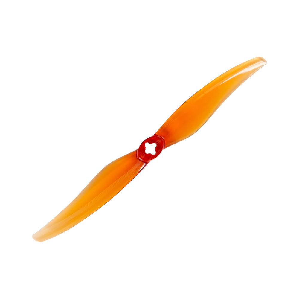 Gemfan Hurricane LR6026-2 propeller, orange two-blade with red hub, angled top view