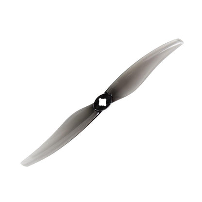 Smoke gray two-blade drone propeller with black hub, angled top view