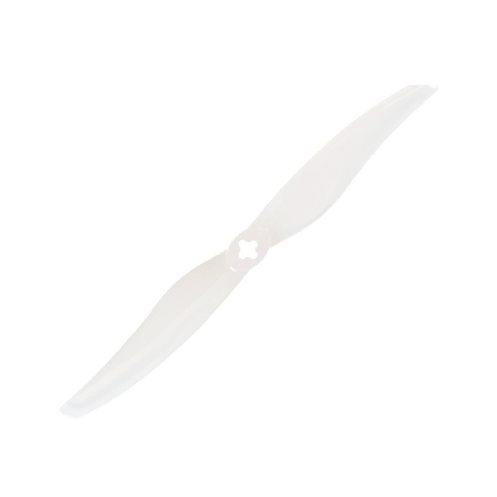 Transparent clear two-blade drone propeller with center hub cutout, angled view