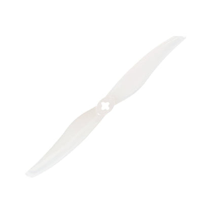 Transparent clear two-blade drone propeller with center hub cutout, angled view