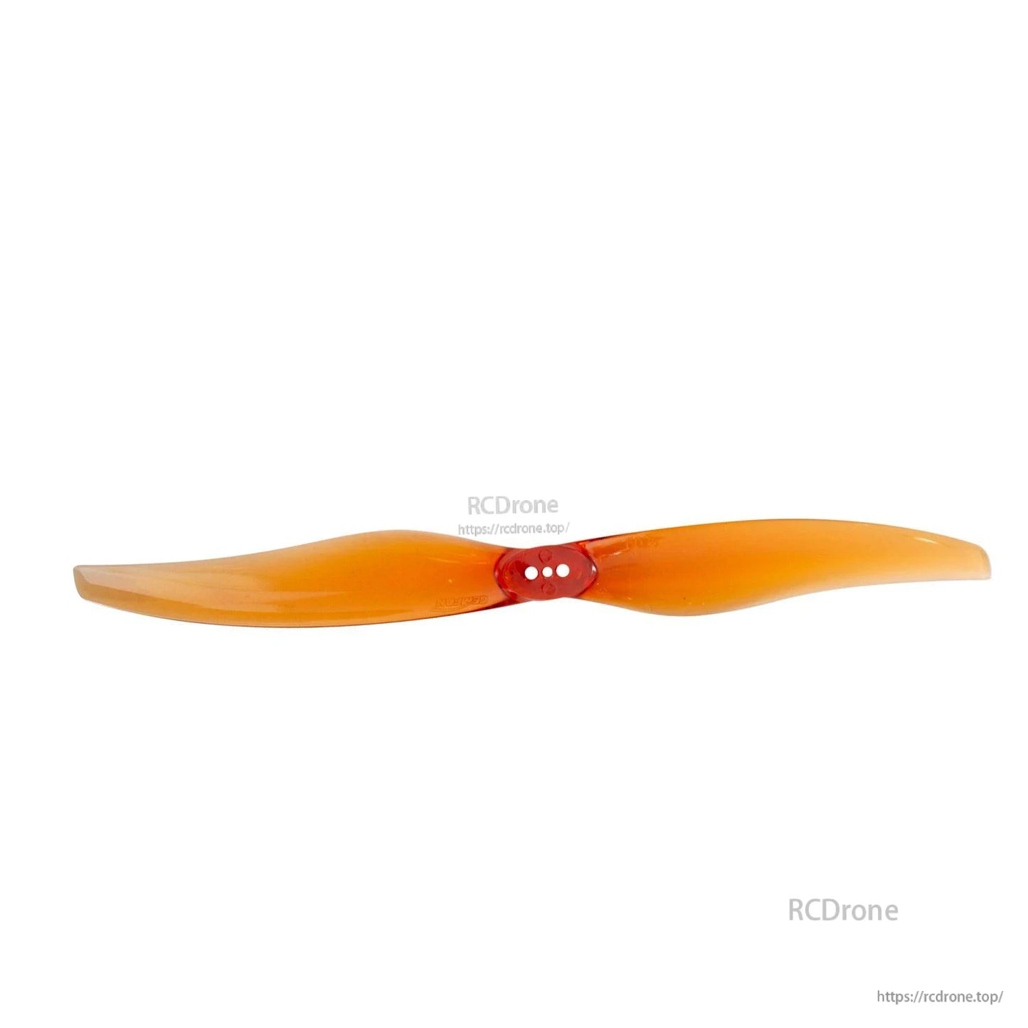 Orange two-blade propeller shown straight-on, hub with three mounting holes
