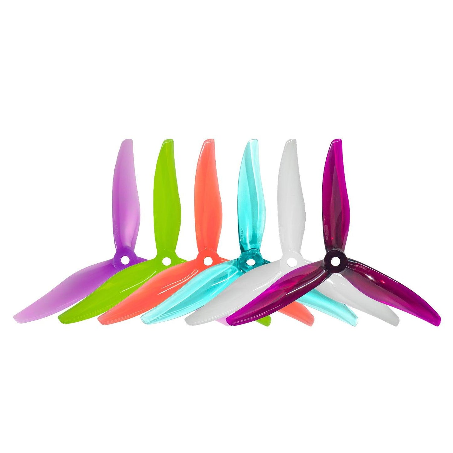 Gemfan Hurricane Max 51377 5in 3-blade propellers in assorted colors, stacked fan display