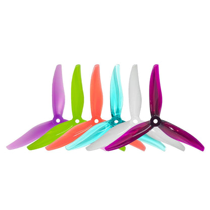 Gemfan Hurricane Max 51377 5in 3-blade propellers in assorted colors, stacked fan display