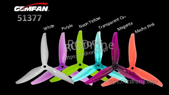 Gemfan 51377 color chart showing Hurricane Max 5in 3-blade prop options by color name