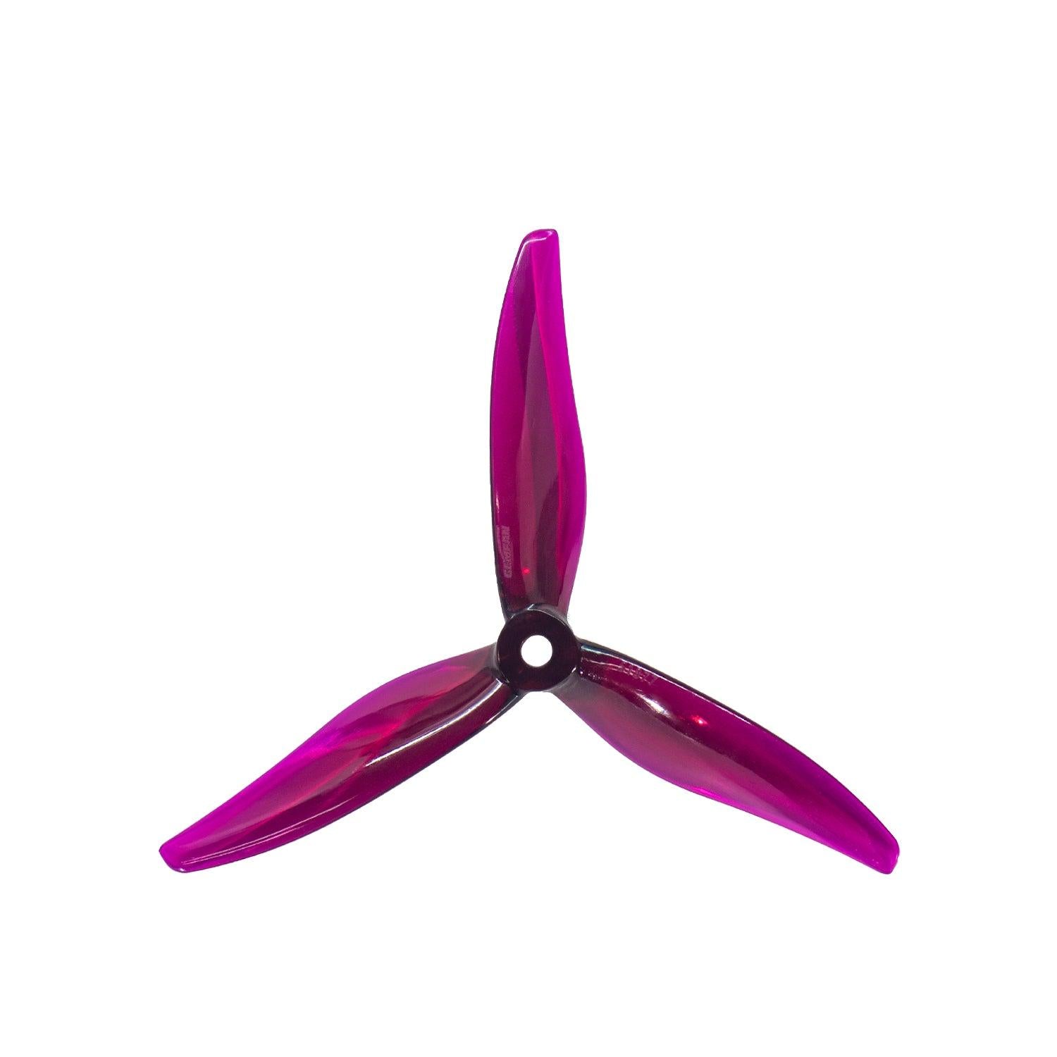 Magenta translucent 3-blade drone propeller, top view with center hub