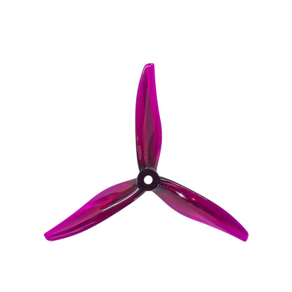 Magenta translucent 3-blade drone propeller, top view with center hub