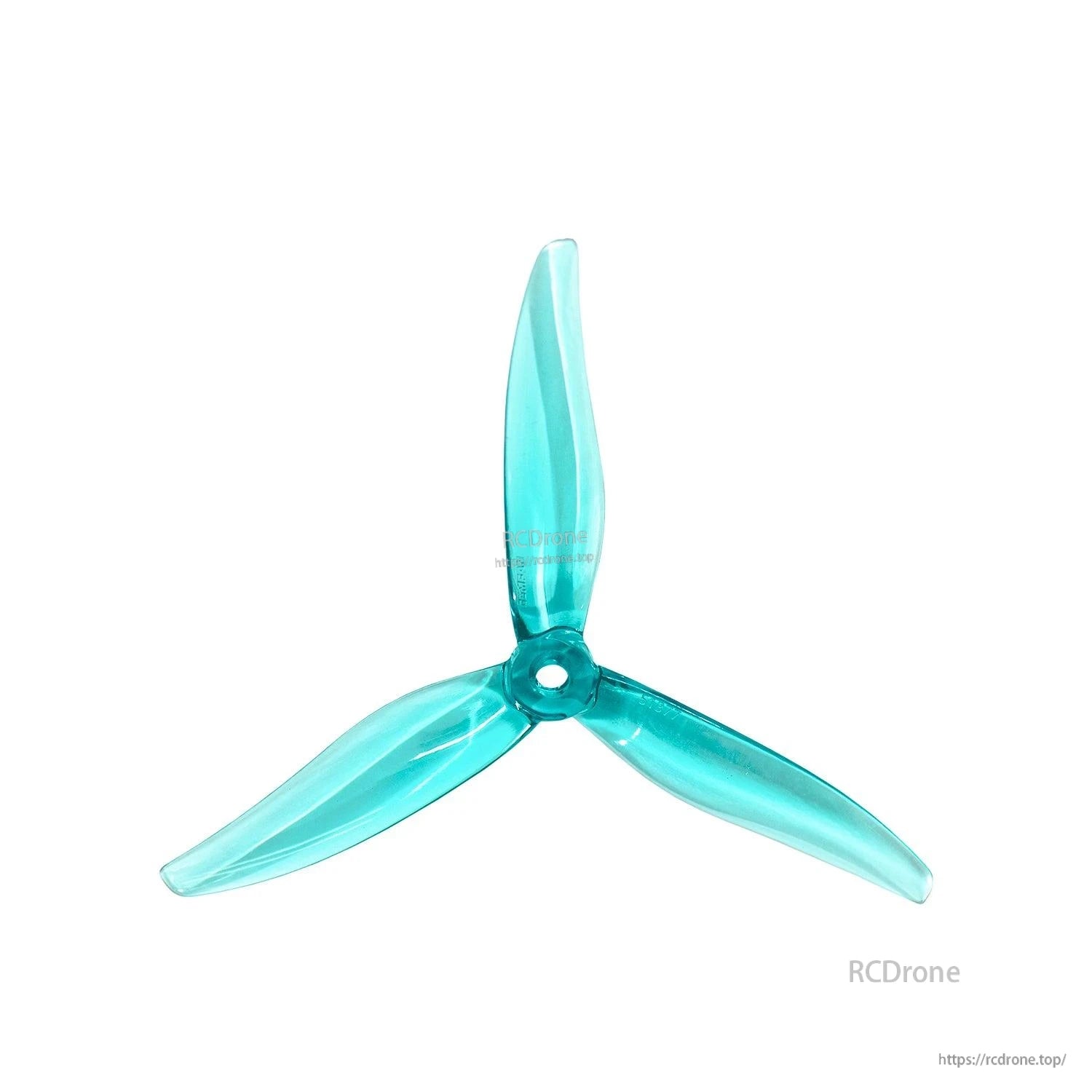 Transparent cyan 3-blade propeller, top view highlighting curved blade profile