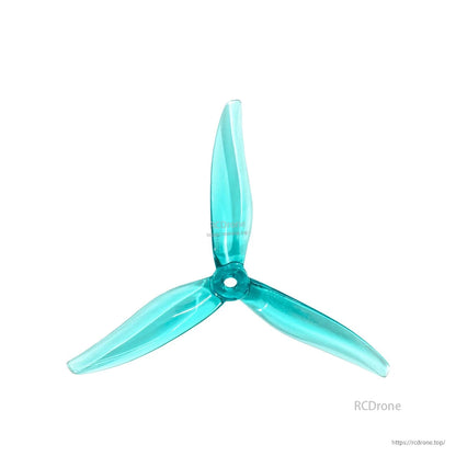 Transparent cyan 3-blade propeller, top view highlighting curved blade profile