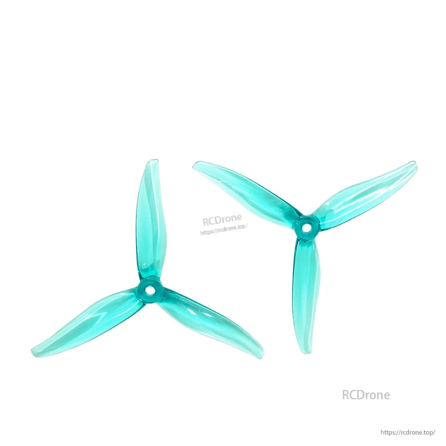 Pair of transparent cyan 3-blade propellers (CW and CCW), matched set on white