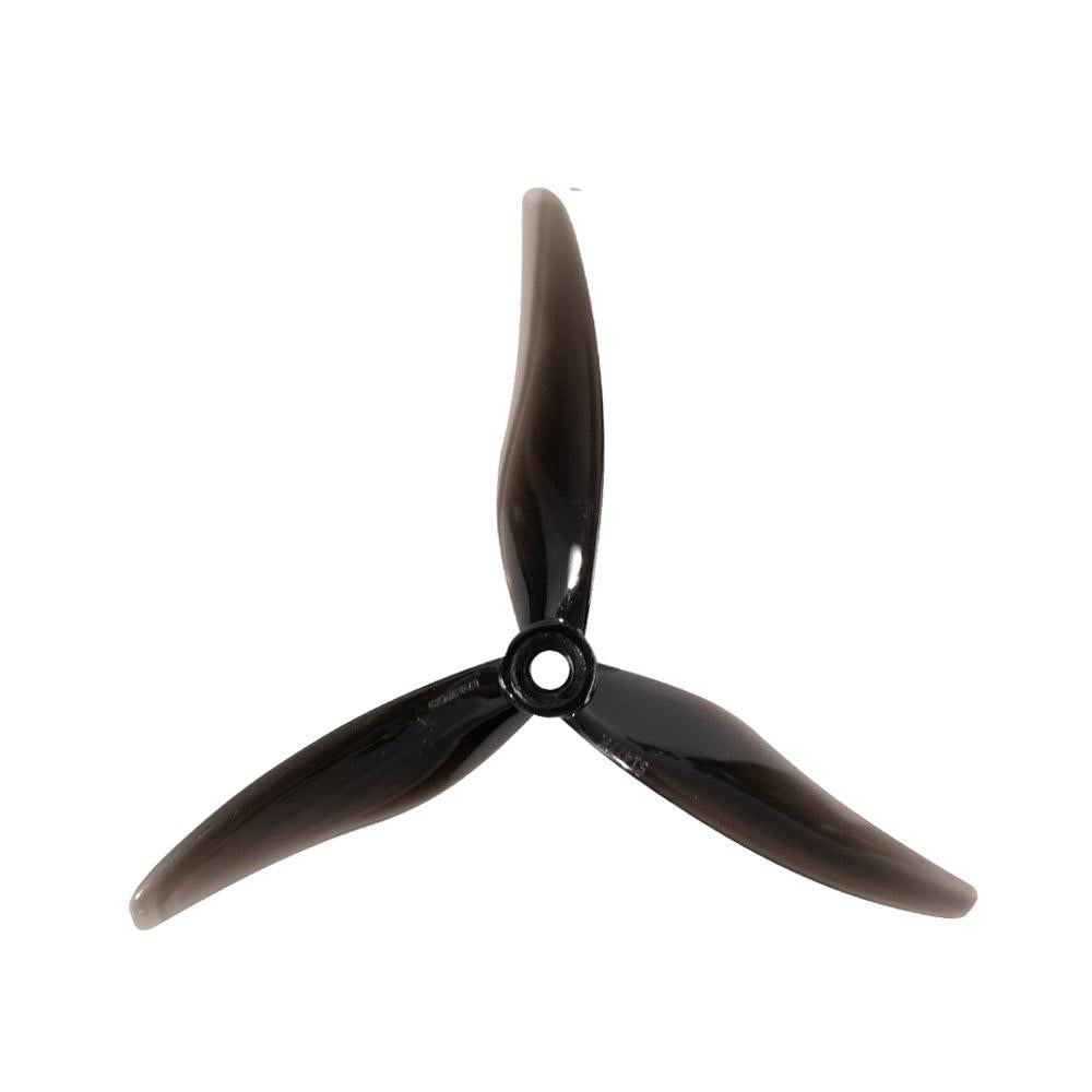 Black 3-blade drone propeller with smooth curved blades and center hub, top view
