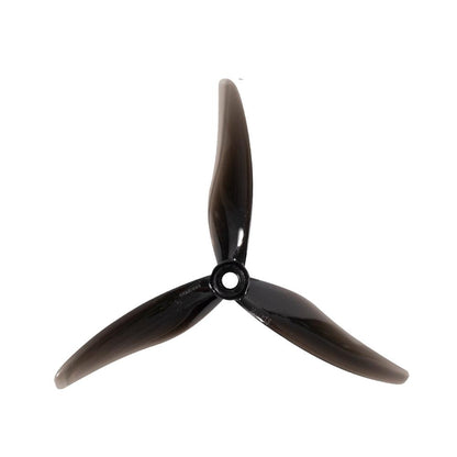 Black 3-blade drone propeller with smooth curved blades and center hub, top view