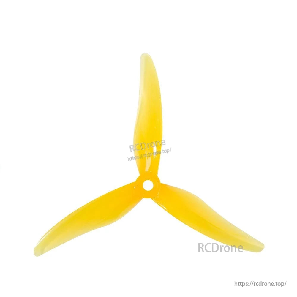 Yellow translucent 3-blade drone propeller with center hub hole, top view