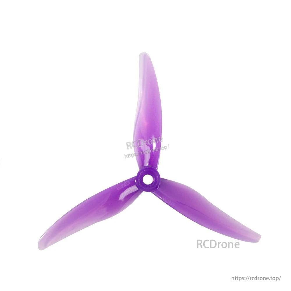 Translucent purple 3-blade FPV drone propeller with center hub hole, top view