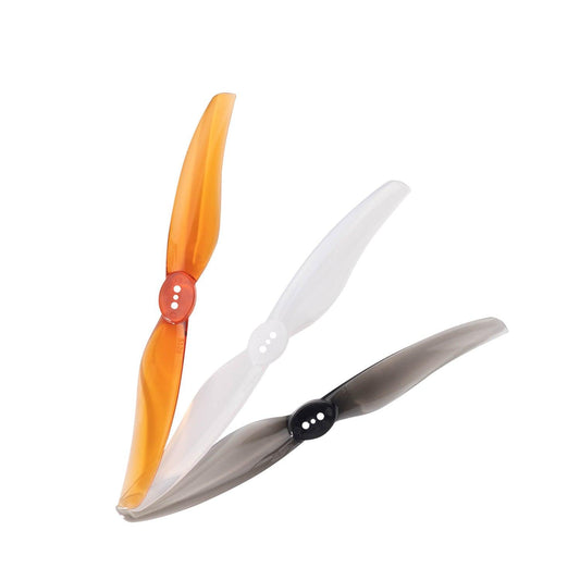 Gemfan LR 5126 T-Mount Propeller set, two-blade drone props shown in orange, clear, and smoke colors