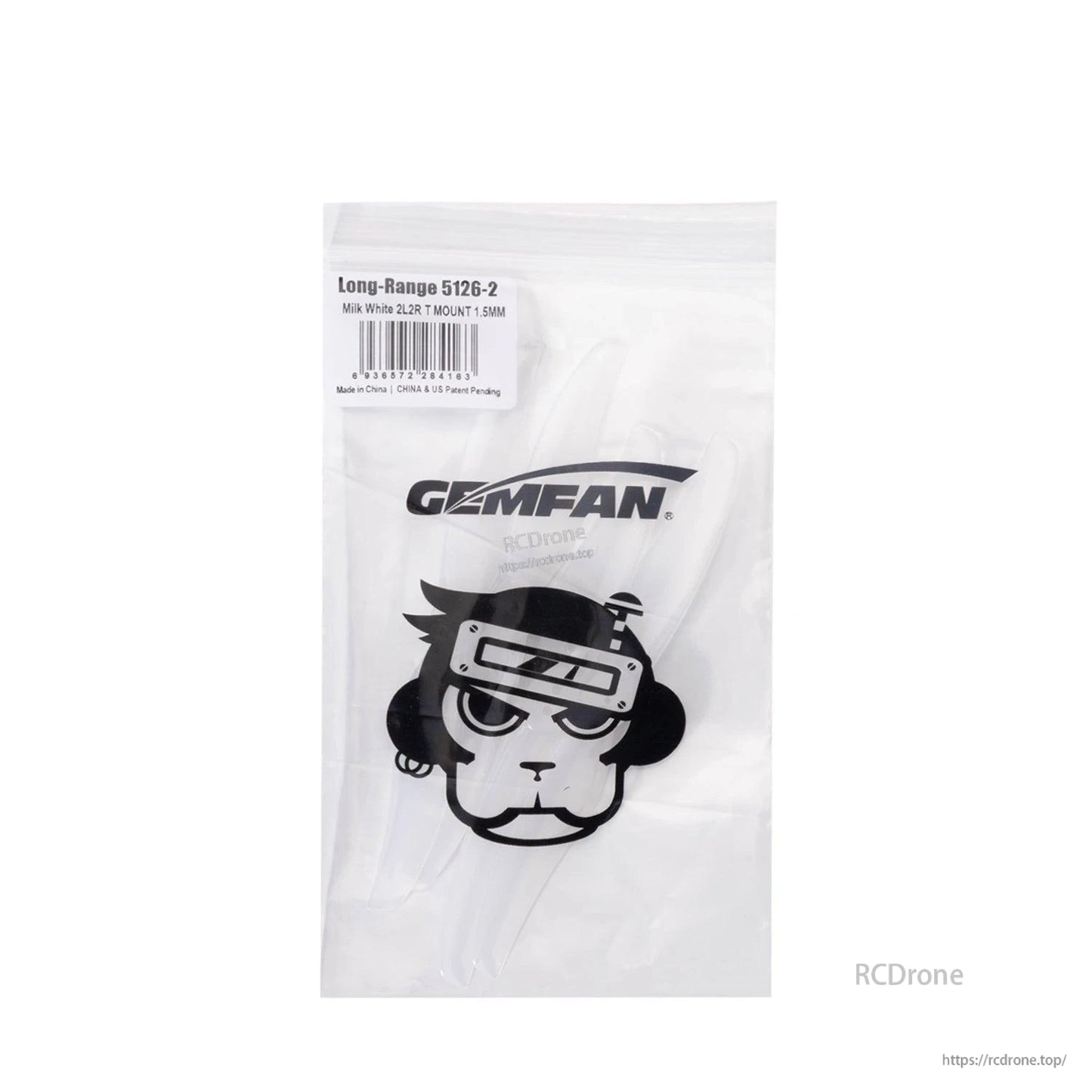 Retail bag packaging for Gemfan LR 5126-2 propellers, clear/white set inside