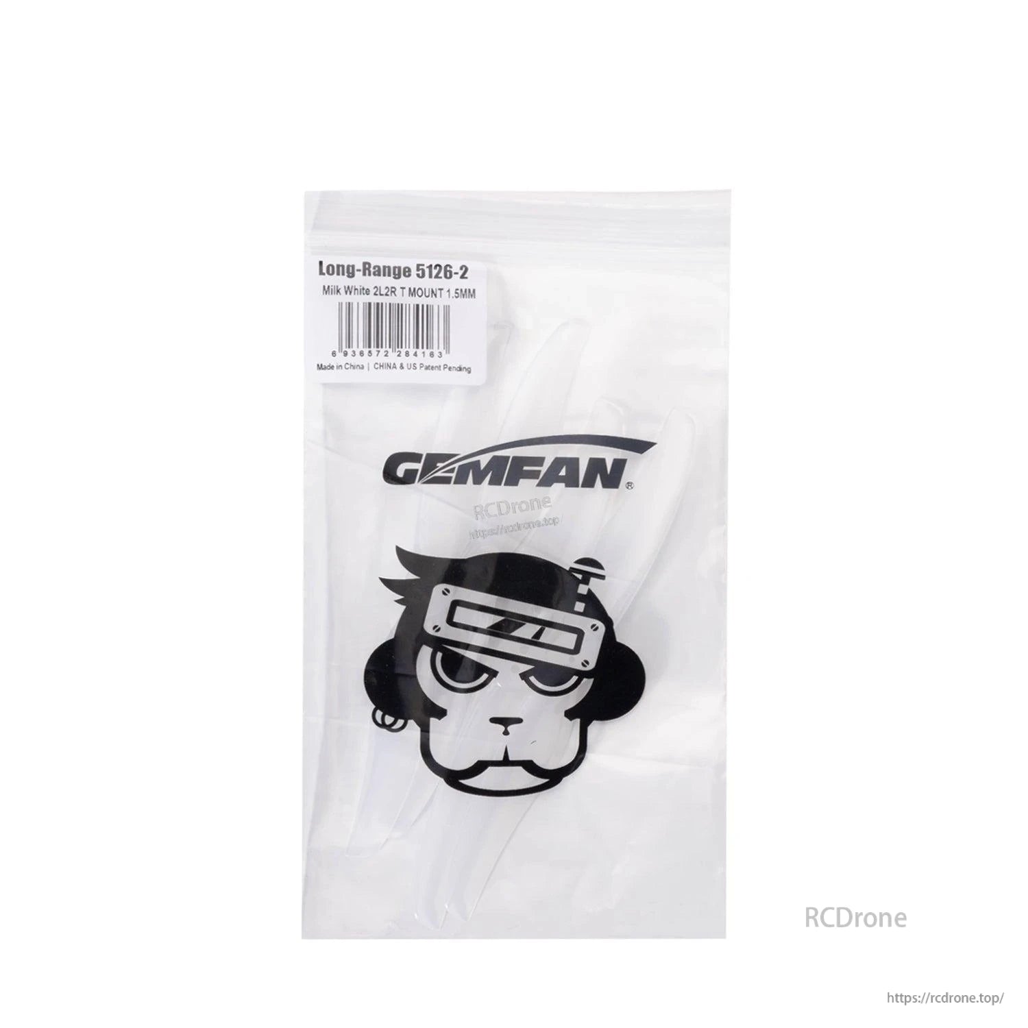 Retail bag packaging for Gemfan LR 5126-2 propellers, clear/white set inside