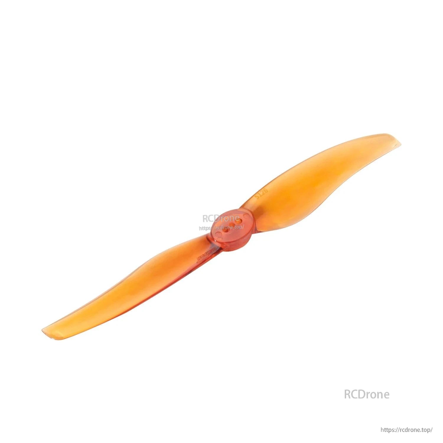 Orange two-blade propeller, angled perspective showing blade profile and hub