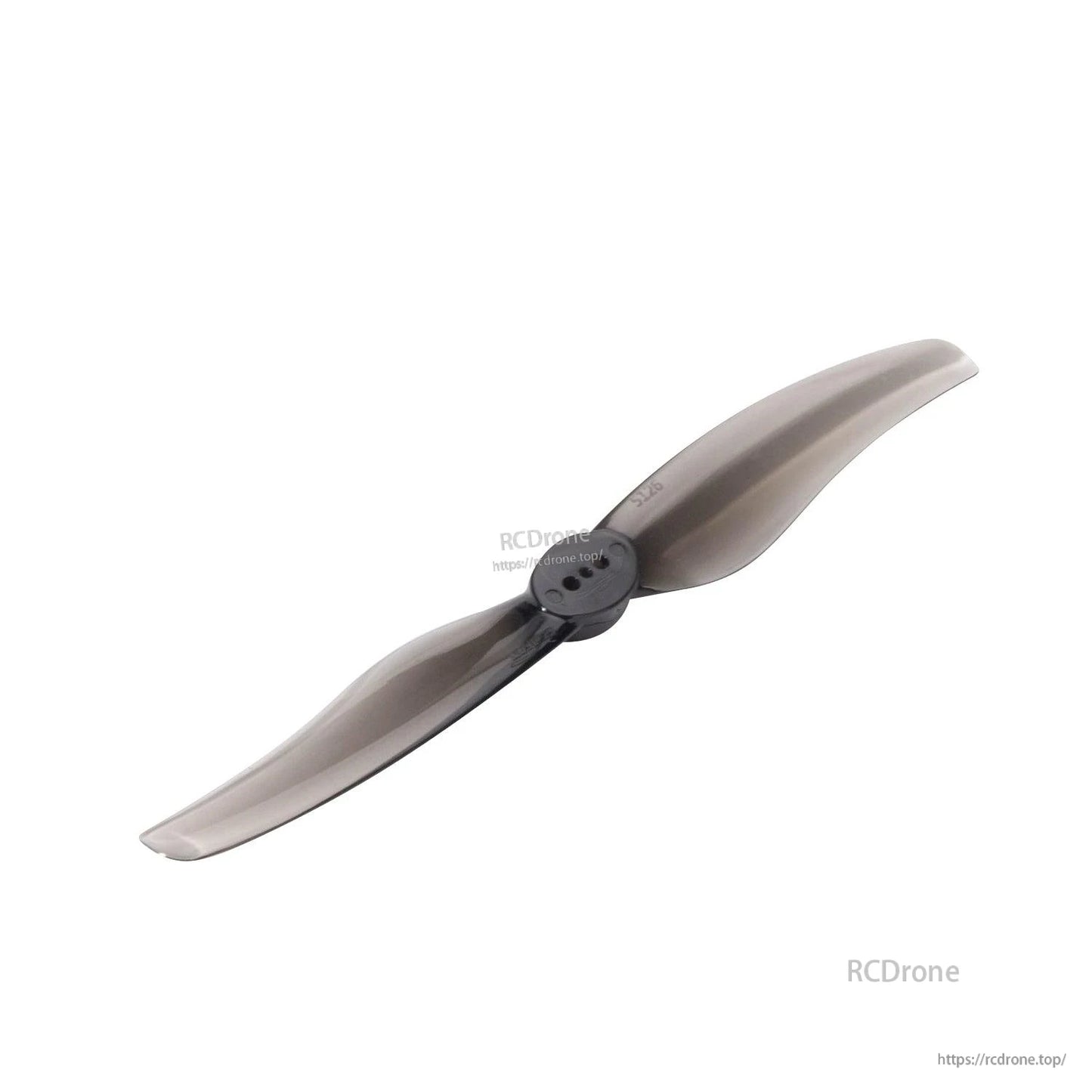 Smoke gray two-blade T-mount propeller, angled view showing hub mounting holes