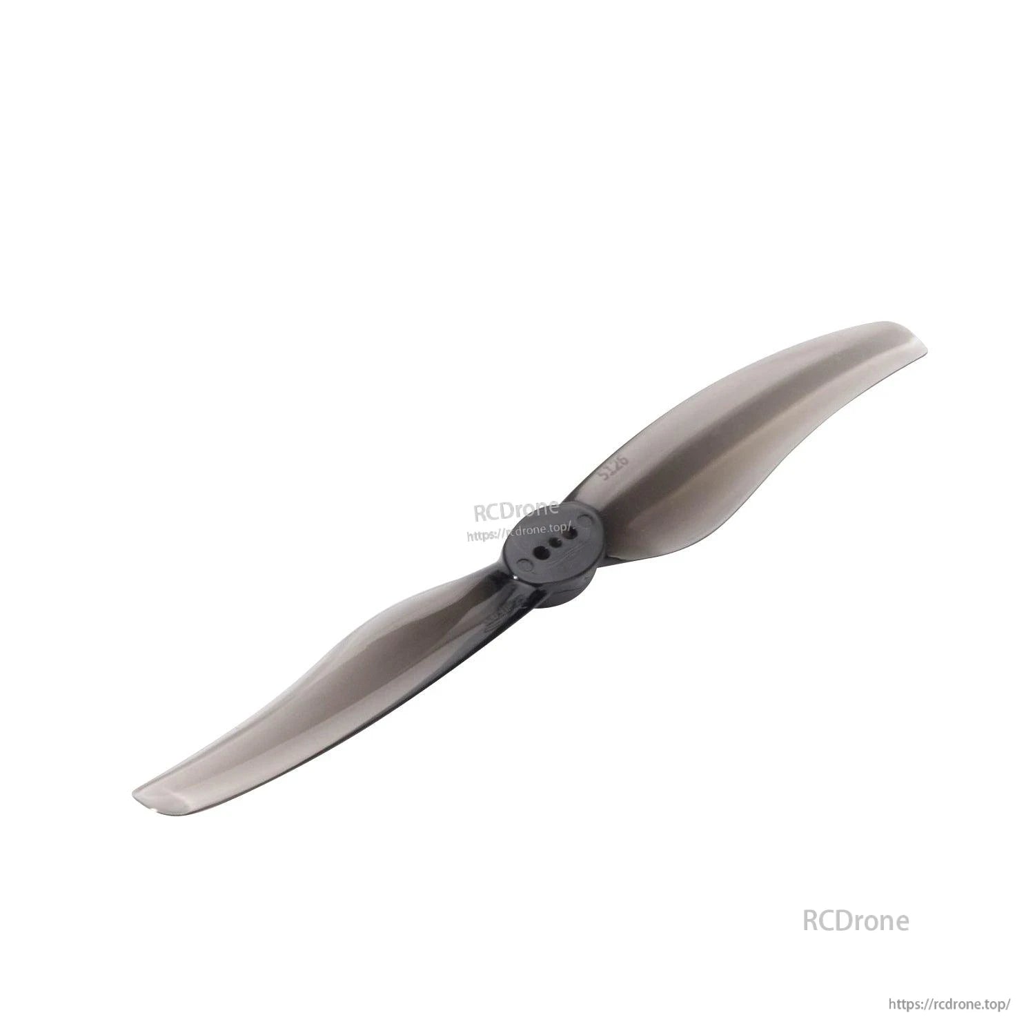 Smoke gray two-blade T-mount propeller, angled view showing hub mounting holes