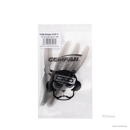 Retail bag packaging for Gemfan LR 5126-2 propellers, smoke gray set inside